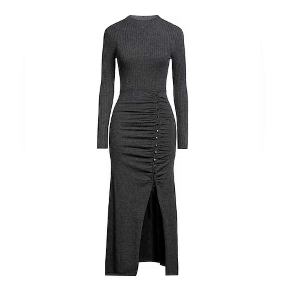 SANDRO Ruched ribbed knit wool-blend mock neck midi long sleeve sweater dress